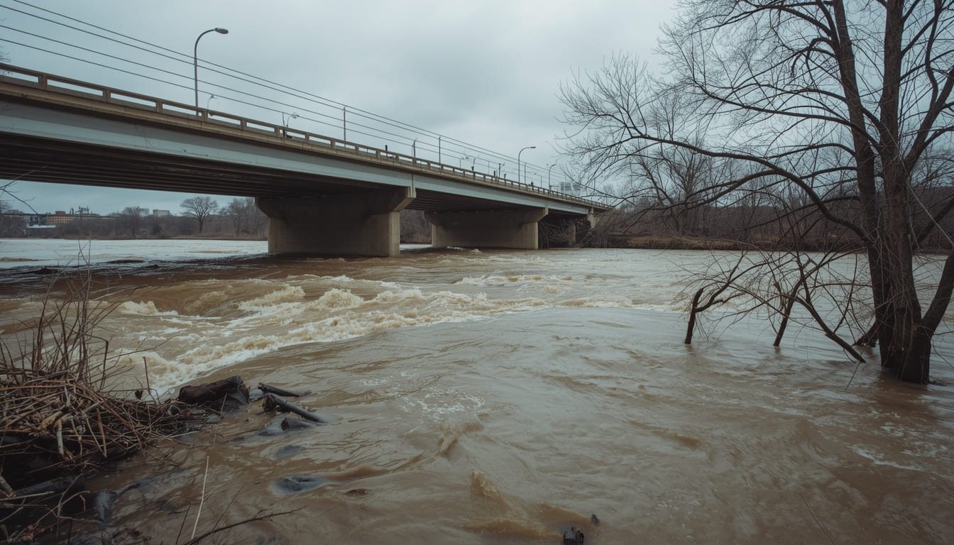 The Olentangy River flowing high near the Broad Meadows bridge in Clintonville.