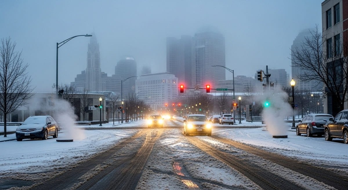 Snow and fog on a Columbus, Ohio highway during a winter weather advisory.