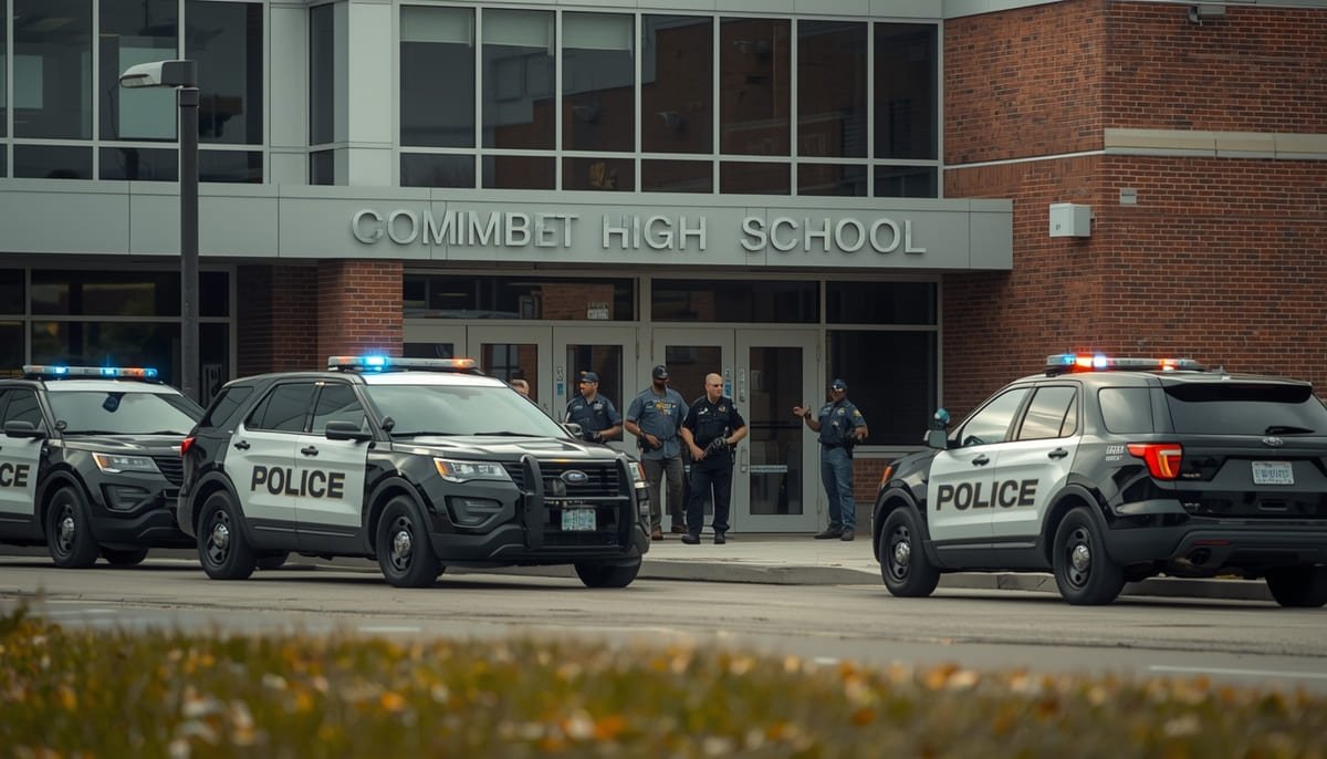 Police vehicles parked outside a Columbus high school during a lockdown.
