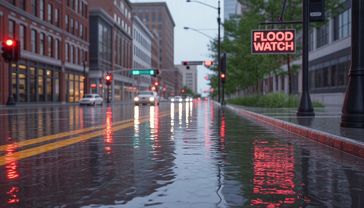 Heavy rain and flooded street in Columbus, Ohio during a Flood Watch.