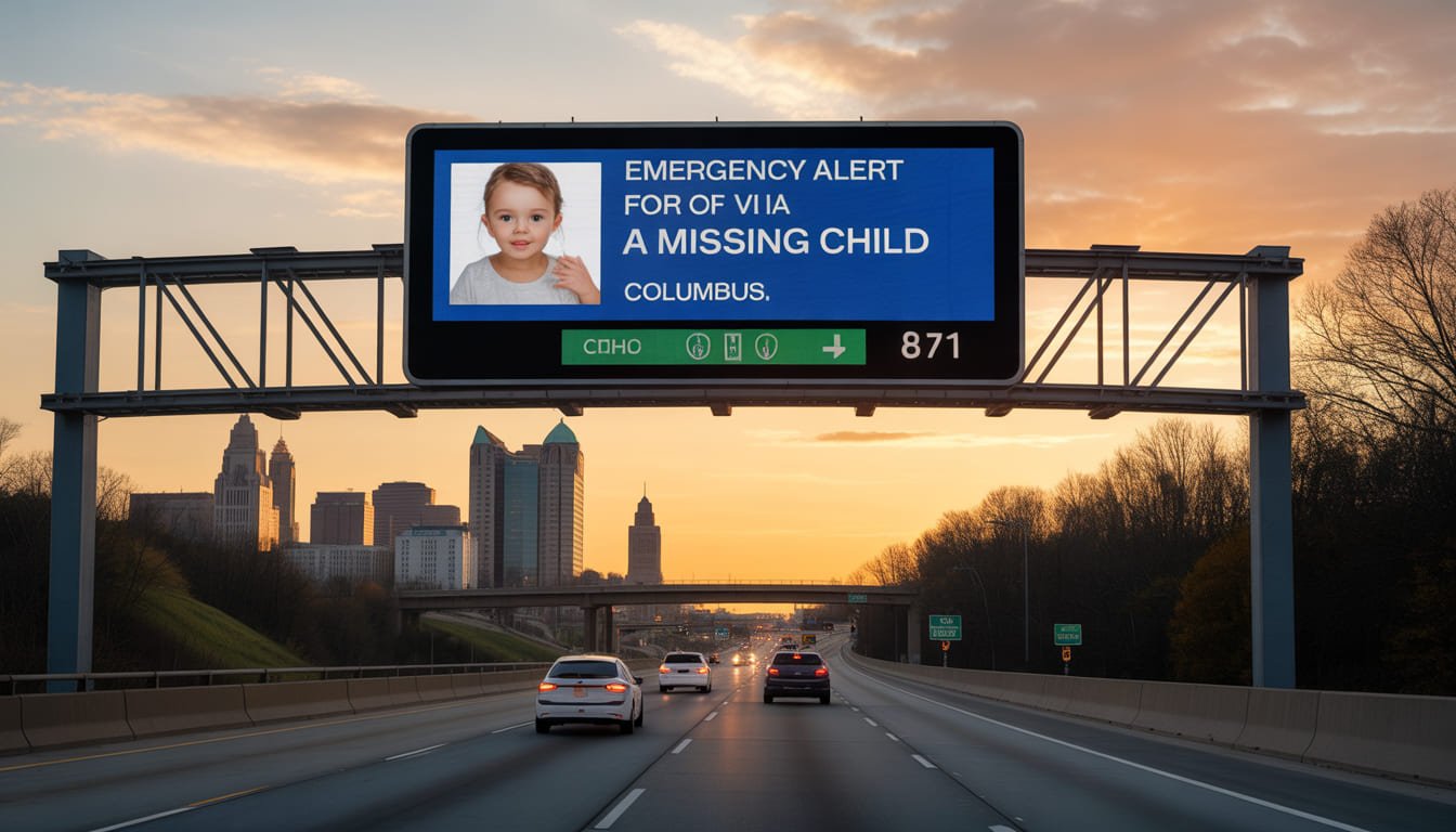 A digital emergency alert sign on an Ohio highway displaying information for a missing child.