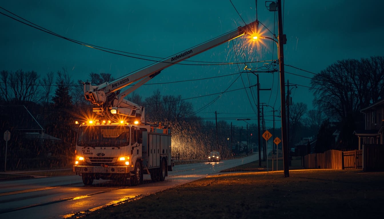 Utility workers repairing a damaged transformer in Pickaway County, Ohio.