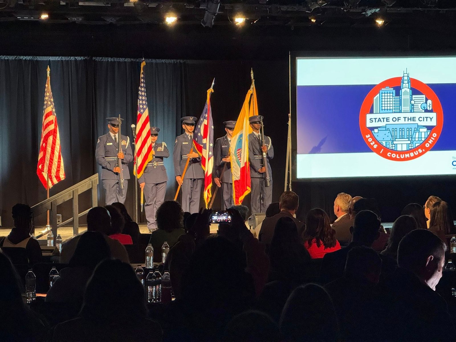 Mayor Andrew Ginther delivering the 2026 State of the City address at the Harmony Center in Columbus, Ohio.