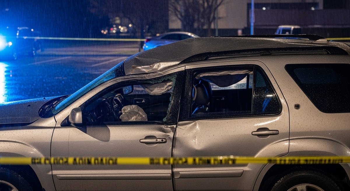 Emergency lights at the scene of a Ford Edge rollover crash on West Mound Street in Columbus.