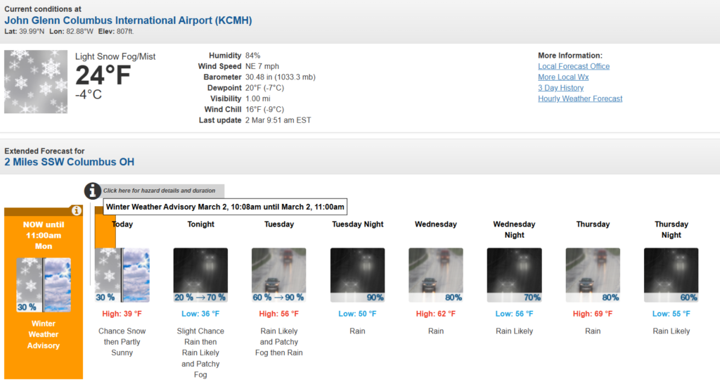 Winter Weather Advisory in Effect for Columbus as Snow and Fog Create Hazardous Conditions; Warm-Up Coming This Week Winter Weather Advisory in Effect for Columbus as Snow and Fog Create Hazardous Conditions; Warm-Up Coming This Week