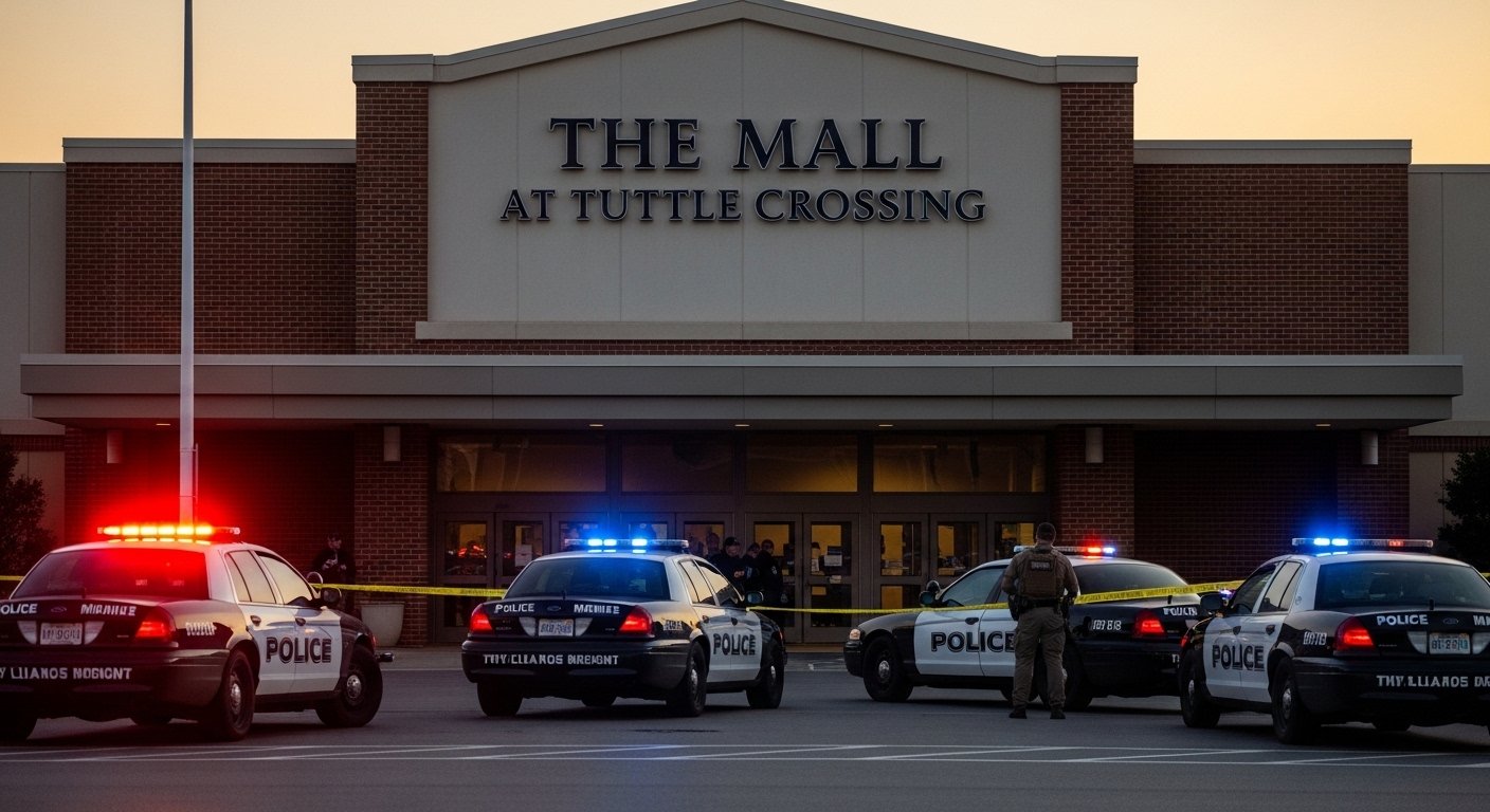 Multiple police units with flashing lights outside The Mall at Tuttle Crossing following reported shooting incident.
