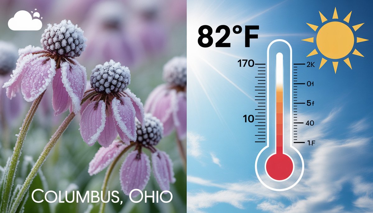 Frost on spring flowers in Columbus Ohio with a weather forecast background.