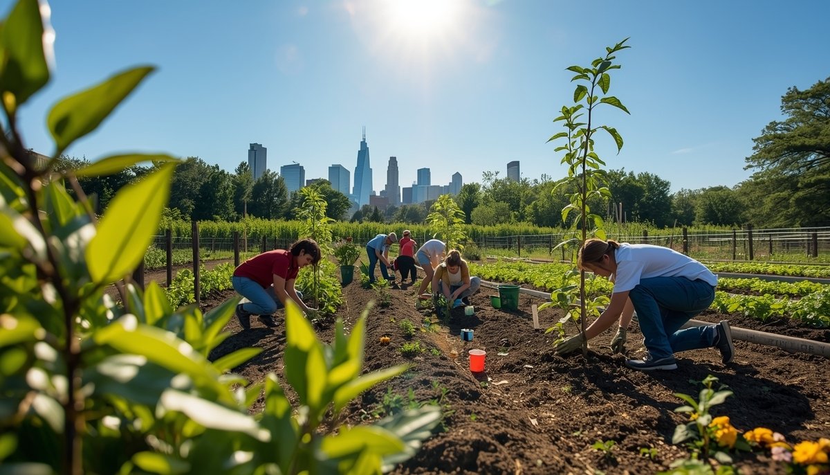 A group of volunteers in Columbus, Ohio, participating in an Earth Day park cleanup.