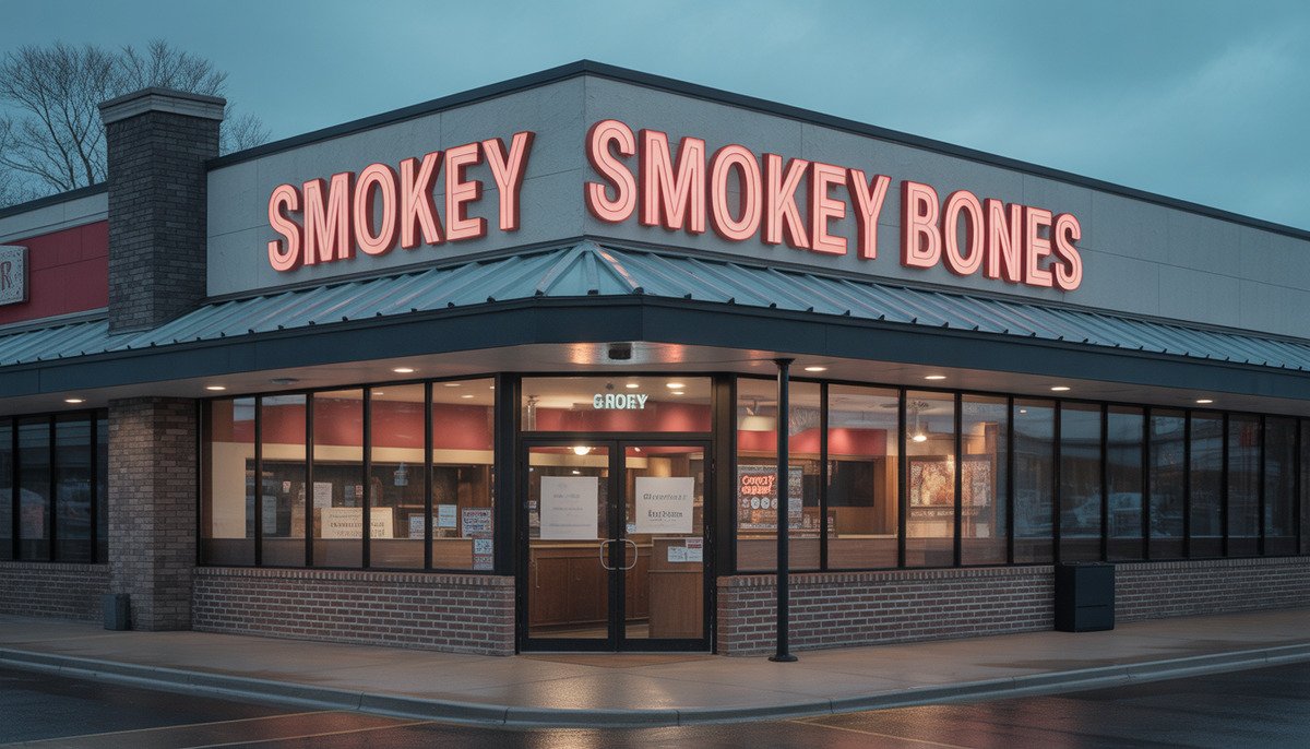A "Permanently Closed" sign on the front door of a Smokey Bones restaurant.